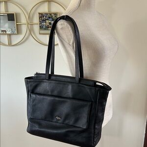 Tula England black leather tote bag double handle zip closure large capacity